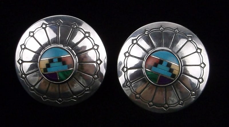 Mint Vint Zuni Sterling Silver Turquoise Inlay Pyramid Earrings (1 of 3)
