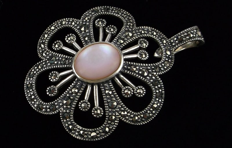 Mint Big Thick Designer Sterling Silver MOP Marcasite Pendant: Guaranteed Solid 925 Sterling Silver, in Excellent Condition