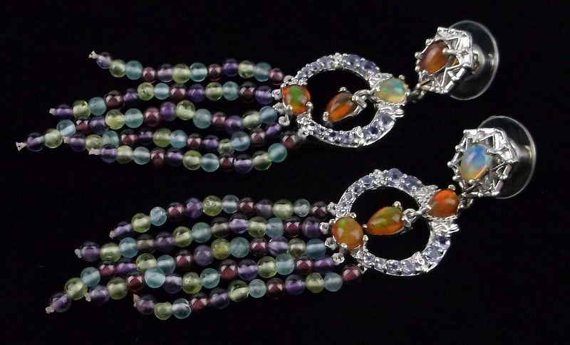 New Big Vint Designer Sterling Silver Opal Tanzanite Gem Earrings: Solid Sterling Silver Guaranteed, in Brand New Never Worn Condition.