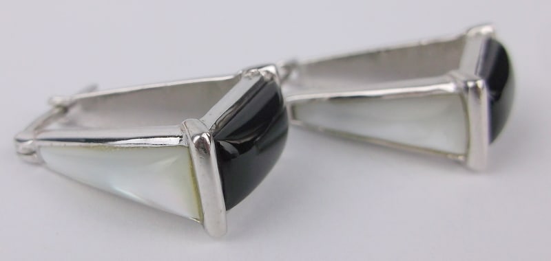 Mint Thick Big Sterling Silver MOP Onyx Drop Earrings: Guaranteed Solid 925 Sterling Silver, in Excellent Condition