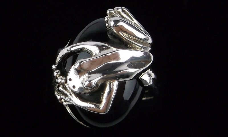 Mint Big Vint Sterling Silver Tree Frog On Onyx Ring 8: Guaranteed Solid 925 Sterling Silver, in Excellent Condition