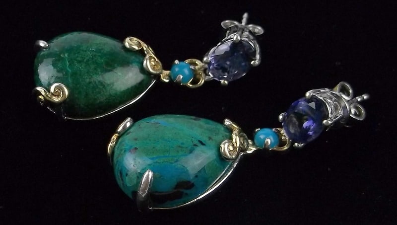 Mint Vint Designer Sterling 14k Turquoise Amethyst Earrings: Guaranteed Solid 925 Sterling Silver, in Excellent Condition