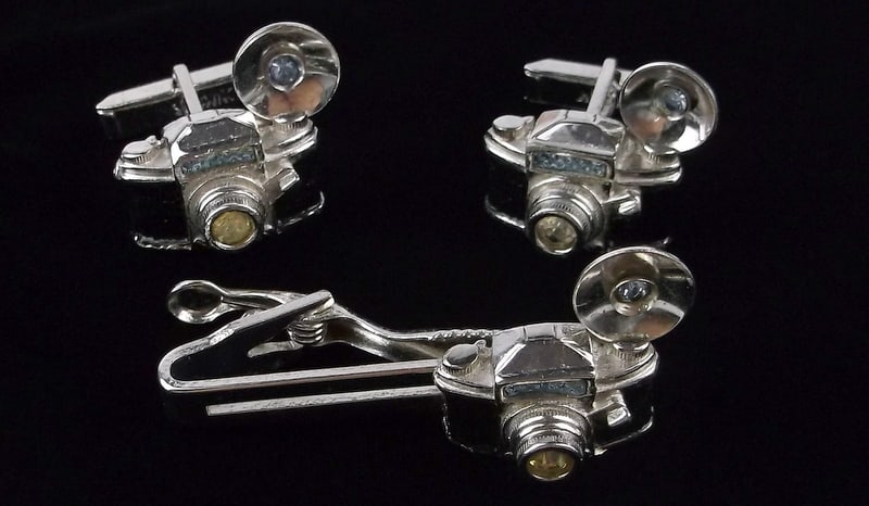 Stunning Vint 1950s Swank Camera Photography Cufflinks Tie Bar: excellent condition