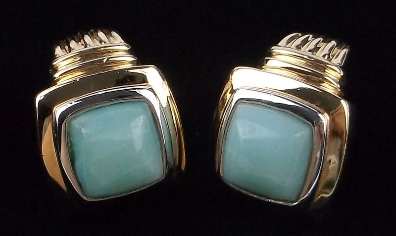 Mint Thick Designer Gold Over Sterling Larimar Earrings: Guaranteed Solid 925 Sterling Silver, in Excellent Condition