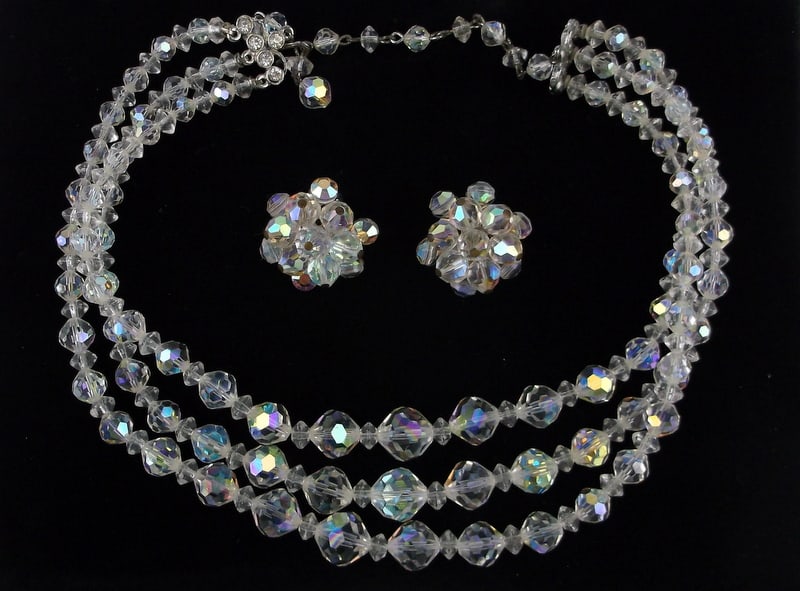 Stunning Vint 1950s Crystal Necklace Earrings Set 18": excellent condition