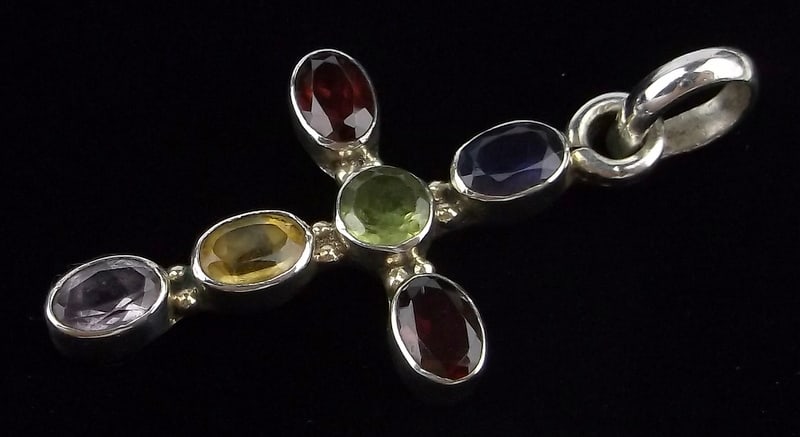 Mint Vint Thick Taxco Sterling Silver Sapphire Gem Cross Pendant: Guaranteed Solid 925 Sterling Silver, in Excellent Condition