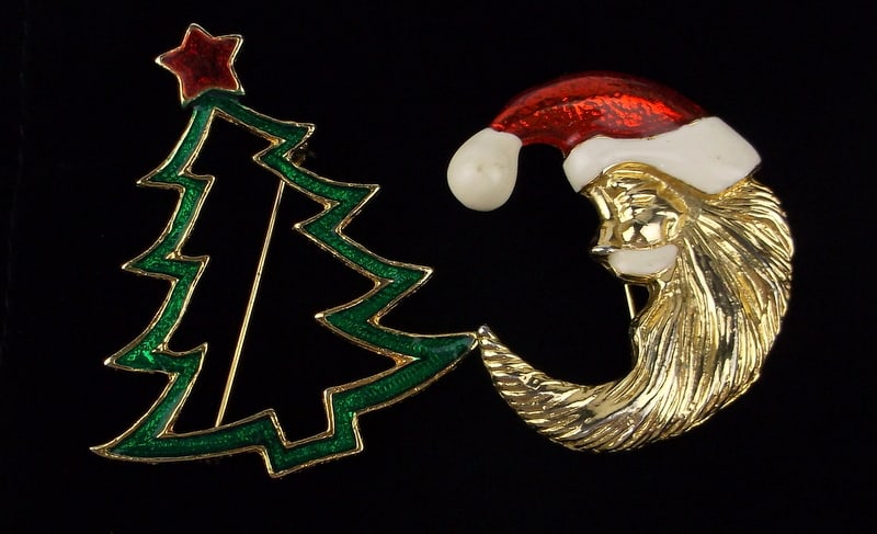 2 Gorgeous Vint Enameled Christmas Tree Brooch Lot: excellent condition