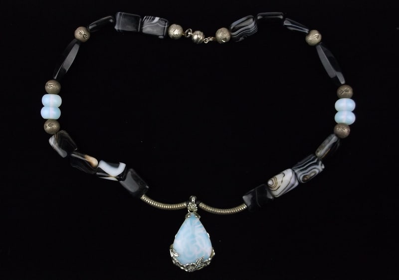 Stunning Vint Sterling Silver Beads Agate Opalite Necklace 20" (1 of 2)