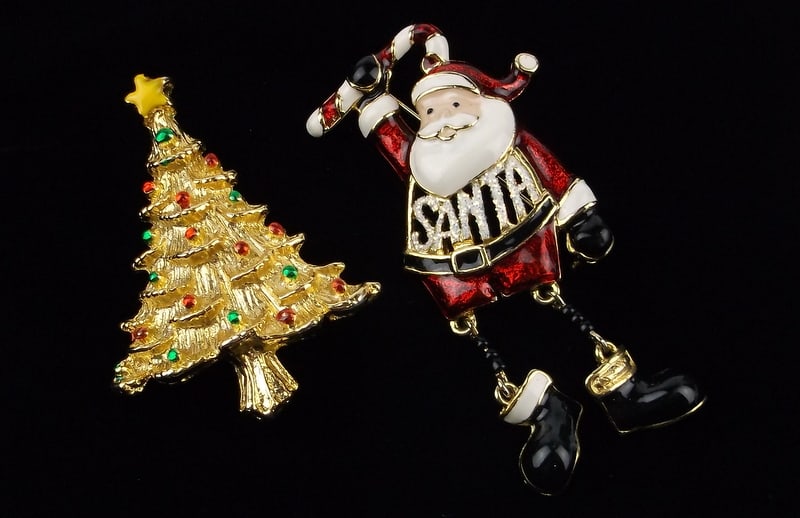 2 Mint Vint Enameled Christmas Tree Santa Brooch Lot (1 of 2)