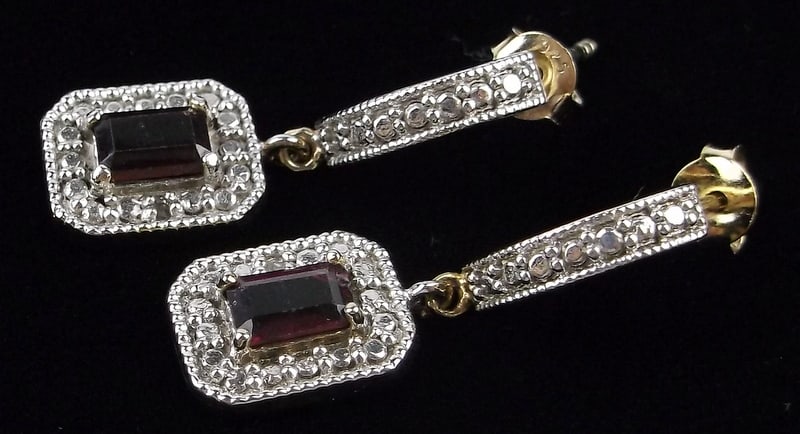 Mint Vint Gold Over Sterling Diamond Garnet Drop Earrings: Guaranteed Solid 925 Sterling Silver, in Excellent Condition
