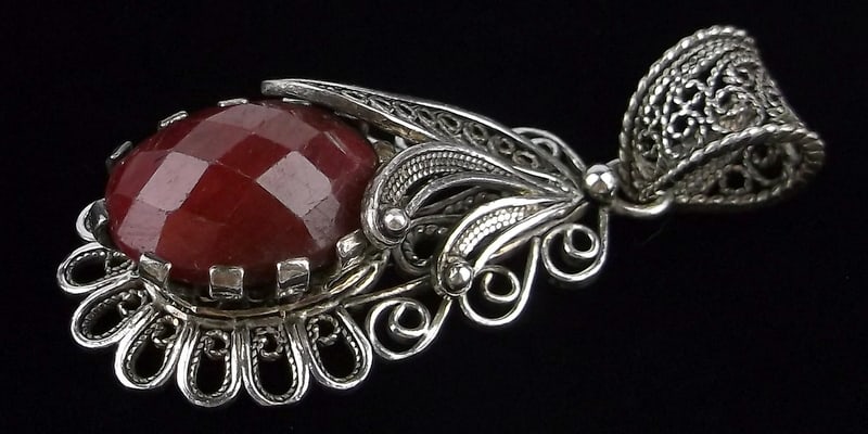 New Vint Big Turkish Sterling Silver 12ct Ruby Pendant Ornate: Solid Sterling Silver Guaranteed, in Brand New Never Worn Condition.