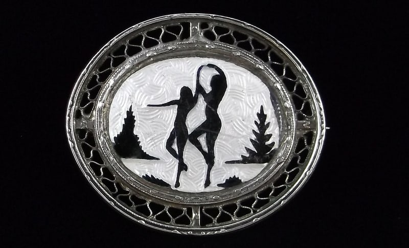 Mint Antique 1920s Art Deco Sterling Silver Couple Brooch Enameled: Guaranteed Solid 925 Sterling Silver, in Excellent Condition