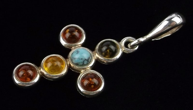 New Designer Sterling Silver Turquoise Amber Cross Pendant: Solid Sterling Silver Guaranteed, in Brand New Never Worn Condition.