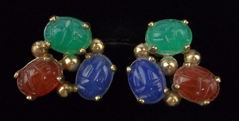 Stunning Vint 1960s 12kt GF Egyptian Scarab Beetle Earrings: excellent condition