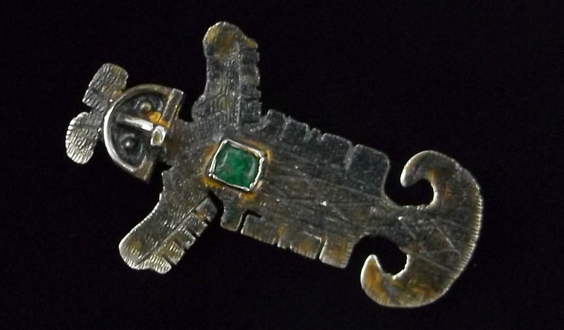 Stunning 1960s 800 Sterling Silver Aztec Owl Emerald Brooch Pend (1 of 3)