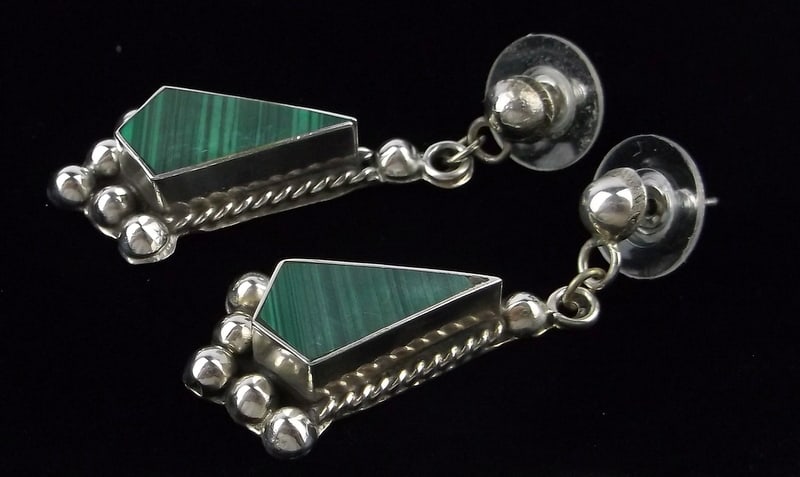 Mint Big Heavy Vint Taxco Sterling Silver Malachite Earrings: Guaranteed Solid 925 Sterling Silver, in Excellent Condition