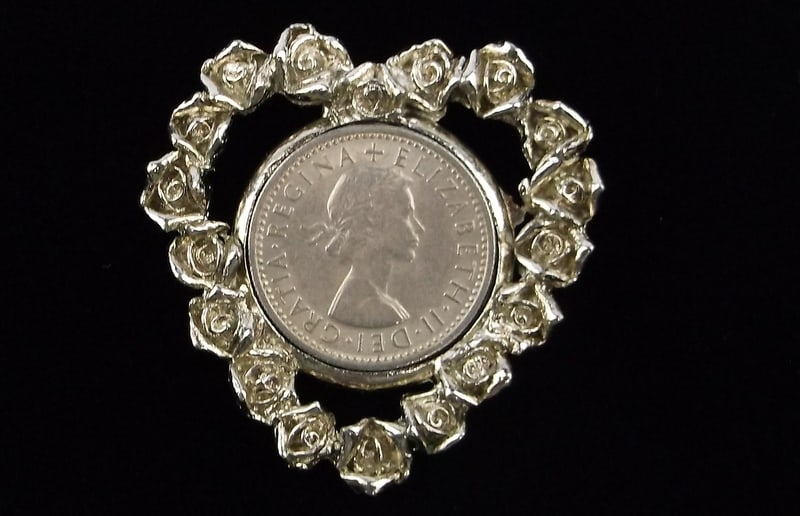 Mint Vintage 1964 Six Pence Coin Heart Rose Pendant: Mint Condition, In Like New Condition, Perfect