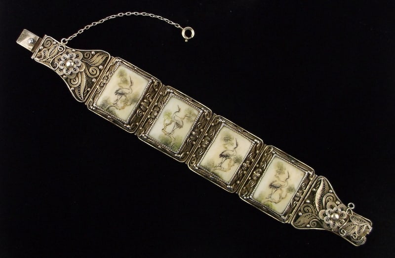 Rare Mint 1930s Heavy Sterling Silver Filigree Crane Bracelet 7" (1 of 8)