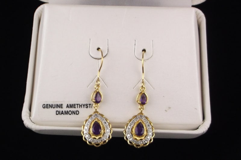 New Boxed Designer Diamond Amethyst Drop Earrings: new condition