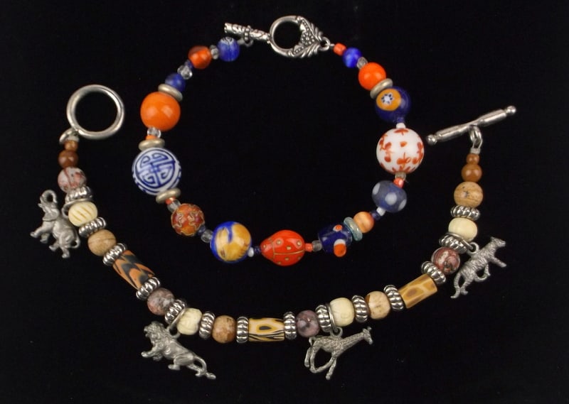 2 Gorgeous Vint Safari Jasper Art Glass Bracelet Lot 8": excellent condition