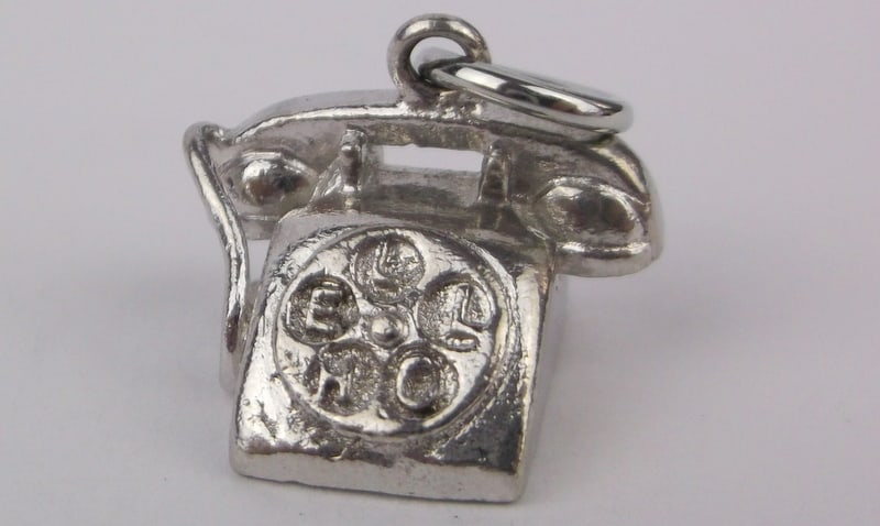 Mint Vint Thick 1960s Wells Sterling Silver Telephone Pendant Charm: Guaranteed Solid 925 Sterling Silver, in Excellent Condition