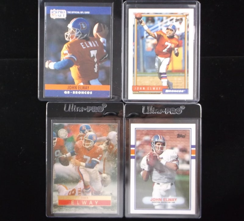 4 NM-Mint 88-96 John Elway Fleer Ultra Topps Card Lot: a John Elway Vintage Card lot in the title condition
