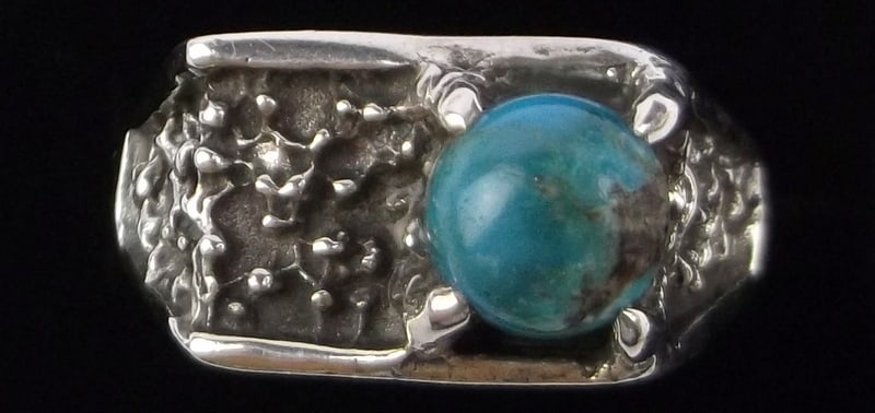 New 1950s Big Heavy Navajo Sterling Bisbee Turquoise Ring 9 Mens: u This is an original NEW OLD STOCK 1950s Handmade Navajo Very Thick, big and heavy Sterling Silver Ring With the Titled Turquoise Type Listed in new never worn condition. Rings of this size,