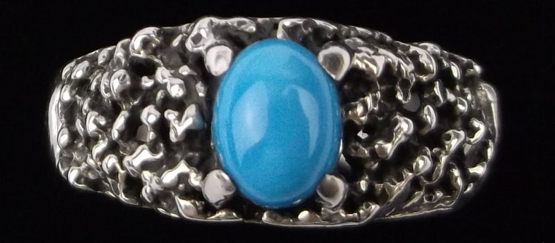 New 1950s Big Heavy Navajo Sterling Silver Turquoise Ring 11 Mens: u This is an original NEW OLD STOCK 1950s Handmade Navajo Very Thick, big and heavy Sterling Silver Ring With the Titled Turquoise Type Listed in new never worn condition. Rings of this size,