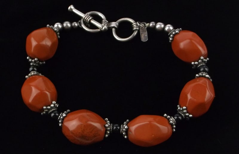New Big Vint Designer Sterling Red Jasper Nugget Bracelet 8": Guaranteed Solid 925 Sterling Silver, in Excellent Condition