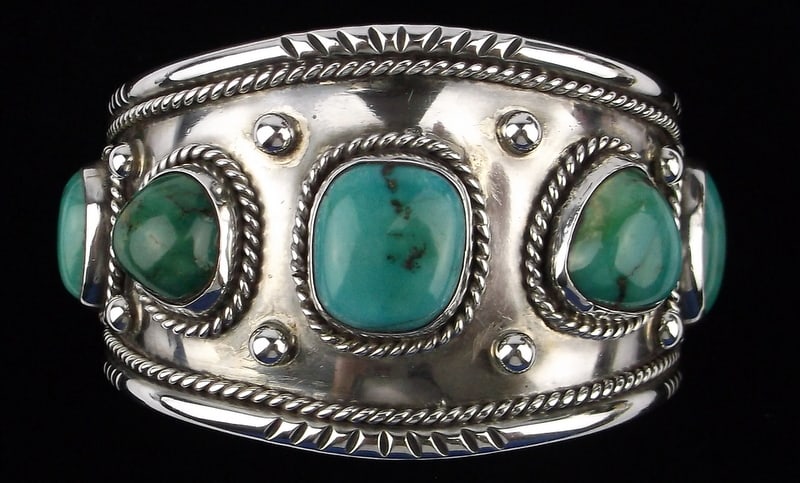 HUGE Heavy 1960s Navajo Sterling Gem Turquoise Cuff Bracelet 8-9": A Huge Heavy Stunning Mint Condition 1960s Navajo Handmade Sterling Silver with Incredible Gem Quality Turquoise Perfect Stones Cuff Bracelet that will fit 8-9 inch wrist size, and is signed as shown.