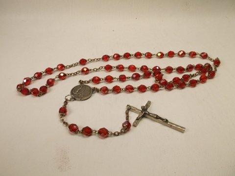 Nice Antique Ruby Red Crystal Catholic Rosary: Jewelry
