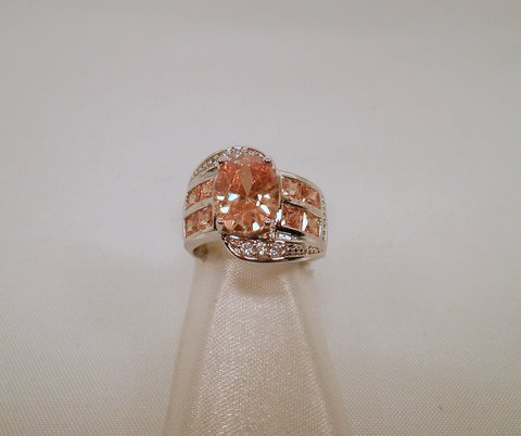 Stunning Orange Morganite & CZ Cocktail Ring Size 6: Sealed & Stamped .925