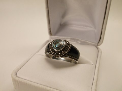 Nice Sterling Silver Onyx Abalone Marcasite Ring: size 9 very nice ring