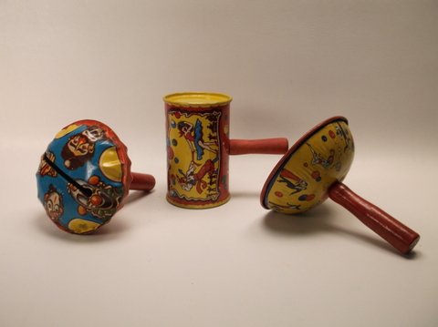 3 Antique Tin Litho Noise Makers Lot Wood Handles: .