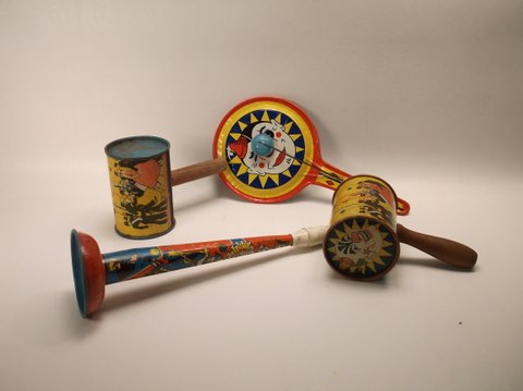 4 Antique Tin Litho Noise Makers Lot Wood Handles: .