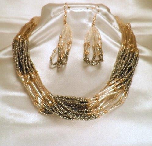 Hematite Seed Bead & Gold Tube Necklace & Earring Set: Jewelry