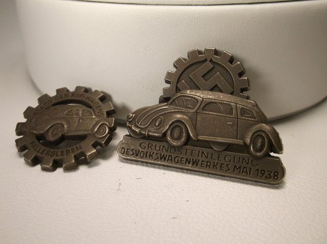 2 Nazi Volkswagen Beetle Pins: This item is being listed for historical US and world purposes only, we in no way stand behind the beliefs or principles this item may represent