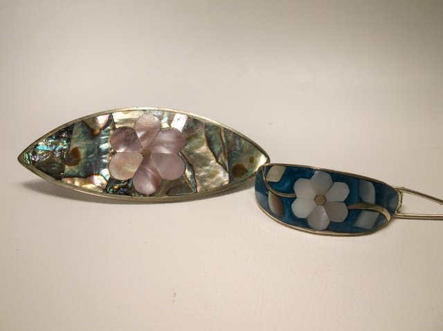 2 Nice Silver Abalone Inlay Barrettes: .