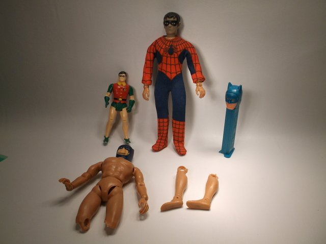 Vintage Mego & More Batman Robin Lot: Robin Mego is wearing spiderman suit, batman is as is, chip on foot of batman pez