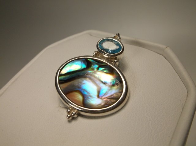 Nice Sterling Silver Abalone Aquamarine Pendant: .