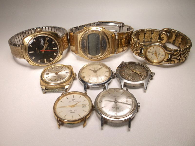 Antique Wristwatch Lot Bulova Bolivia Presidential Hamp: antique wristwatch lot with Bulova Electronic, Bolivia Presidential, Hampden, Elgin, Jules Jurgensen, Furches, Lucerne, and wyler watches. Great parts or to be fixed lot, a couple seemed to work, the
