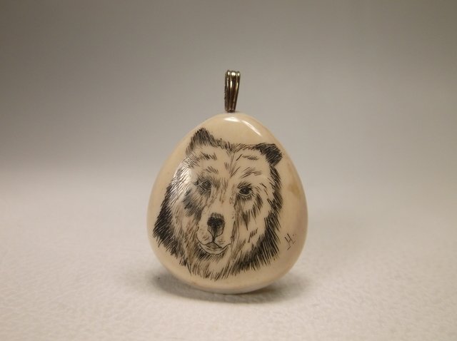 Gorgeous Grizzly Bear Scrimshaw Pendant H.: Signed H, very nice genuine scrimshaw