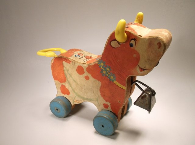 Antique Wood Fisher Price Bossy Bell Cow Toy: .