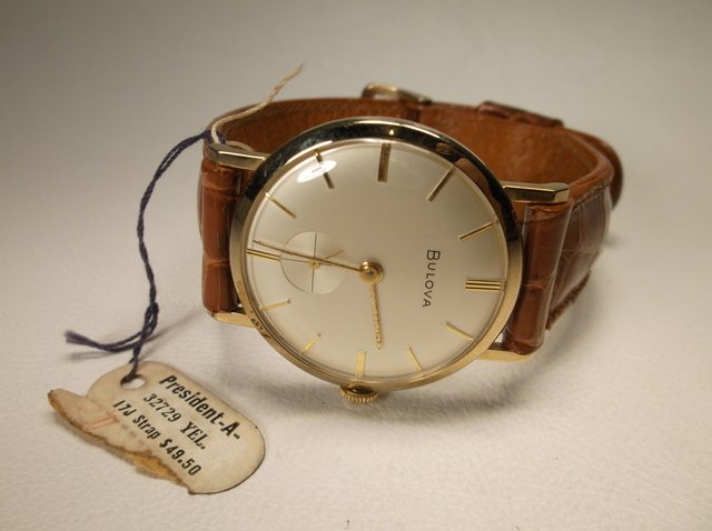 Antique NEW Mens 10k RGP Bulova Wristwatch President: Amazing Find! Antique New Old Stock Mens Bulova 10kt RGP President Wristwatch with tags, perfect condition, works winds perfectly, never worn, never used, amazing find!