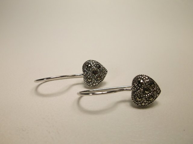 Nice Sterling Silver Marcasite Heart Earrings: .