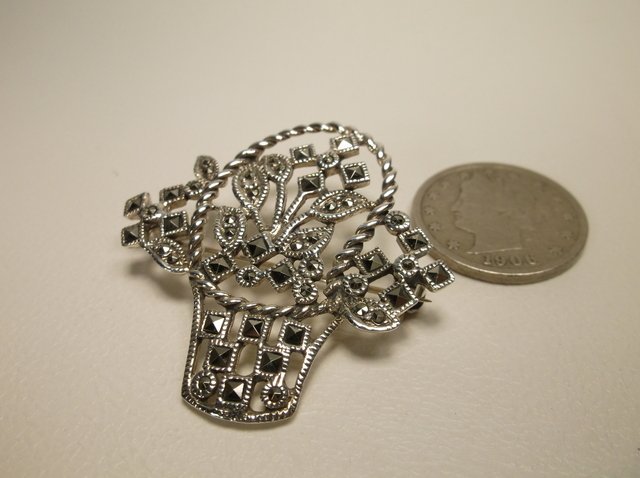Nice Sterling Silver Marcasite Flower Brooch: .