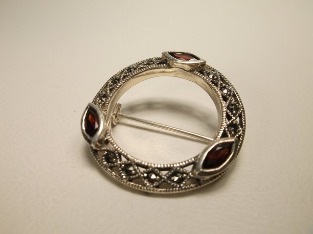 Nice Sterling Silver Garnet Marcasite Brooch: .
