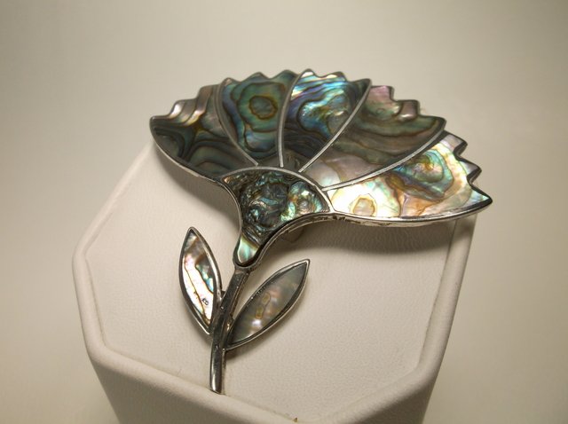 Nice Large Sterling Silver Abalone Brooch: .