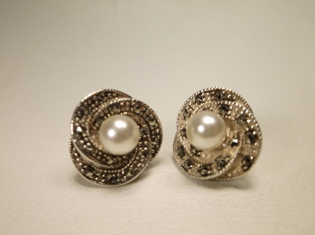 Nice Sterling Silver Marcasite Pearl Earrings: .