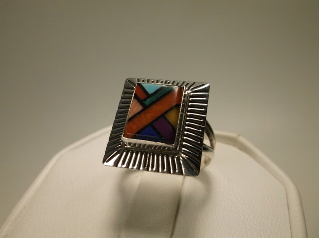 Beautiful Sterling Silver Navajo Inlay Ring OF 7: signed OF, very nice